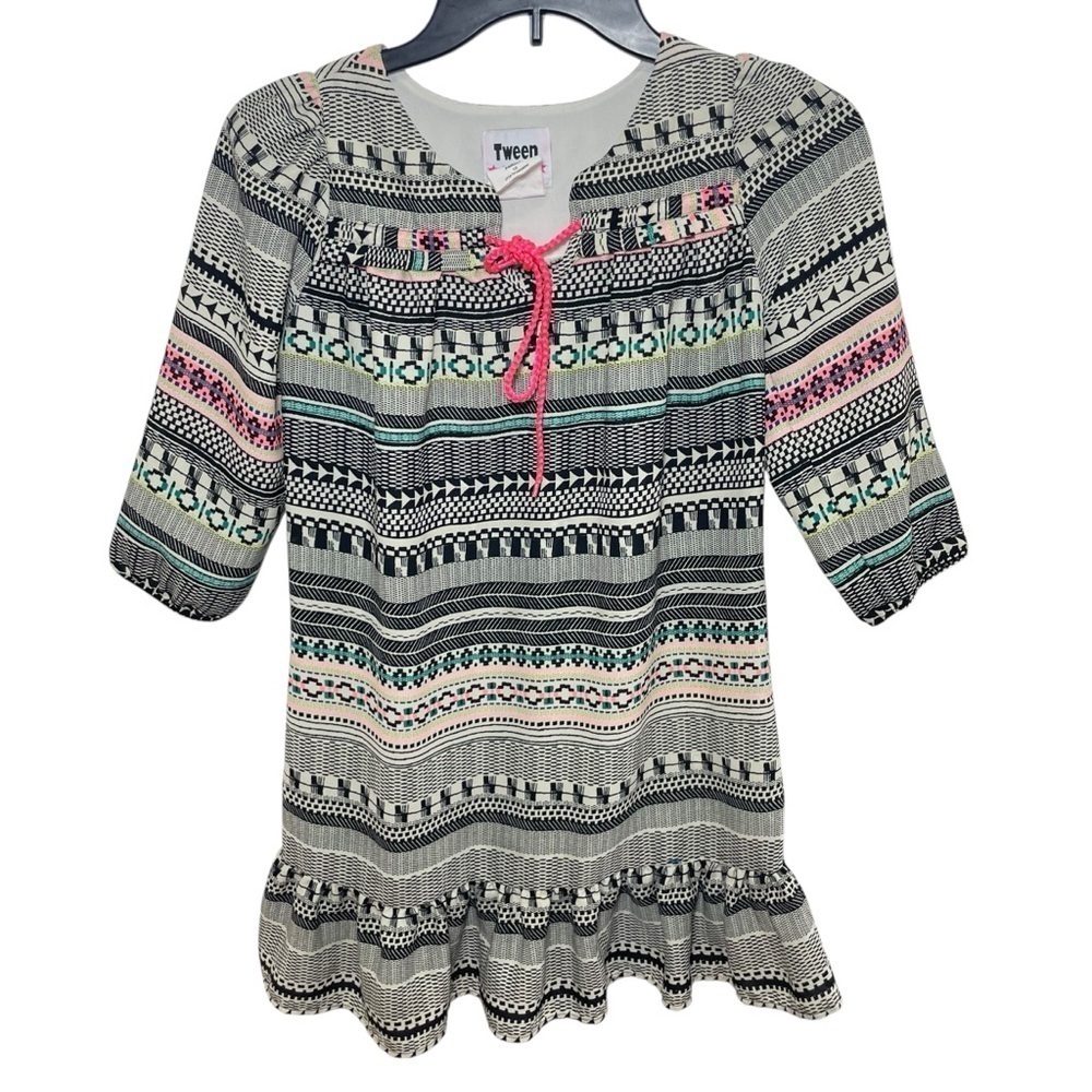 Tween Diva Girls Boho Dress Size 10 Multicolor Tribal Print Neon Pink Tassel Tie